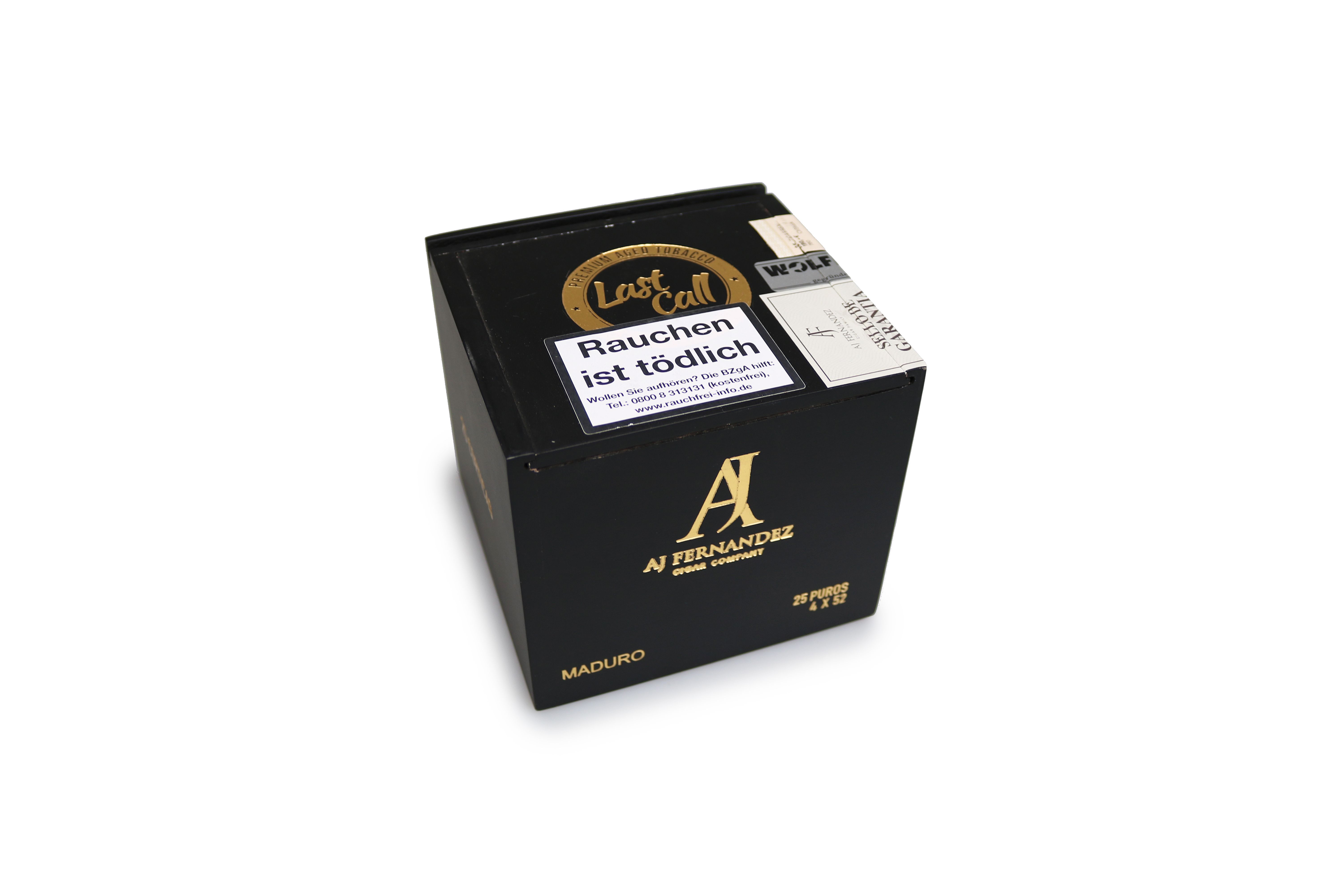 AJ Fernandez Last Call Maduro Genial Short Robusto packed in black 25-count boxes